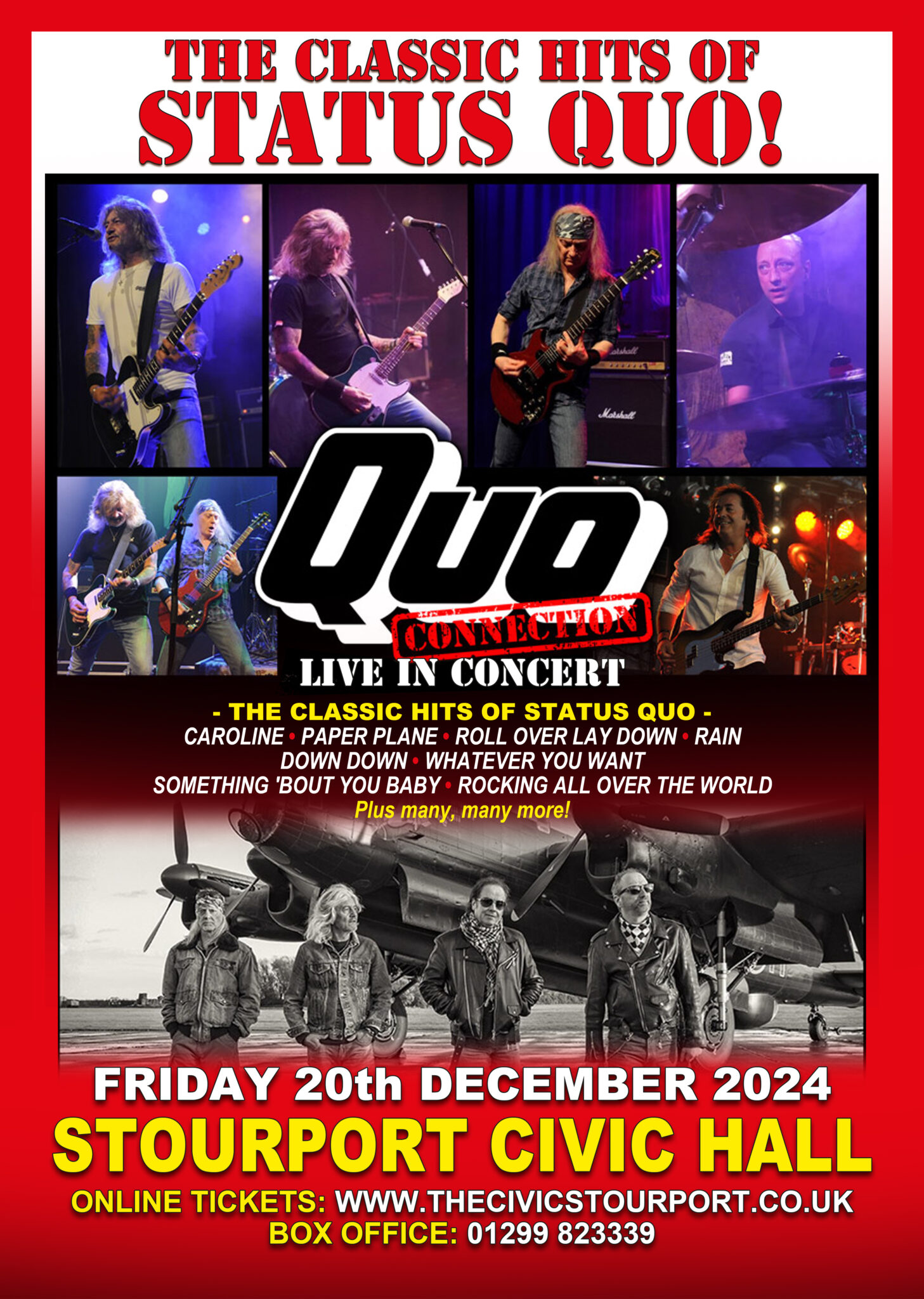Quo Connection, Britain`s premier Status Quo tribute band, are coming to Stourport Civic Hall this Christmas to play their first ever concert in the Town.